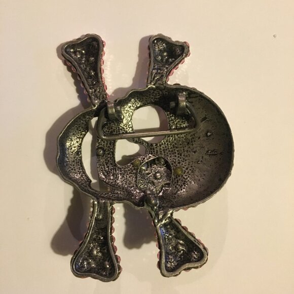 Skull Pin Brooch Rhinestones Pink Pirate Halloween Goth Sparkle Large 4” X 3” - Picture 2 of 15